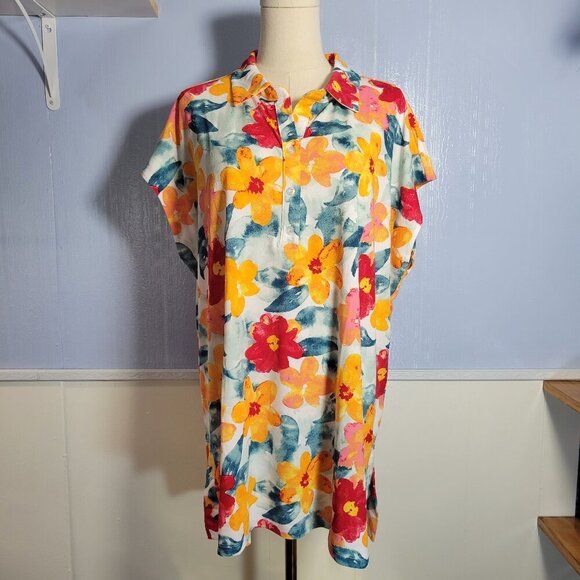 Lularoe Extra Large Orange Red Colorful Floral Collared Button Shortsleeve Shirt - Picture 1 of 9